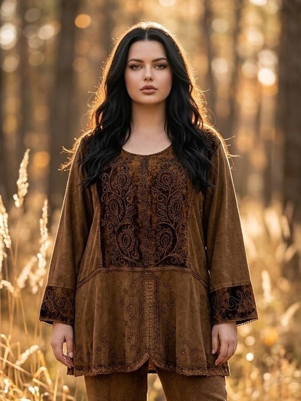 Parsley & Sage Size 2X Brown Velvet Embroidered Tunic Top Boho Fairy Whimsigoth